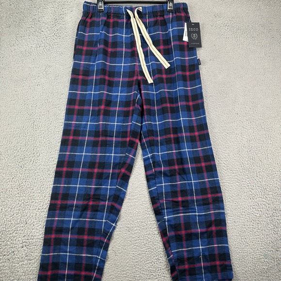 Izod Men Pajama Bottom Medium Blue Flannel Plaid Lounge Sleepwear Drawstring NEW